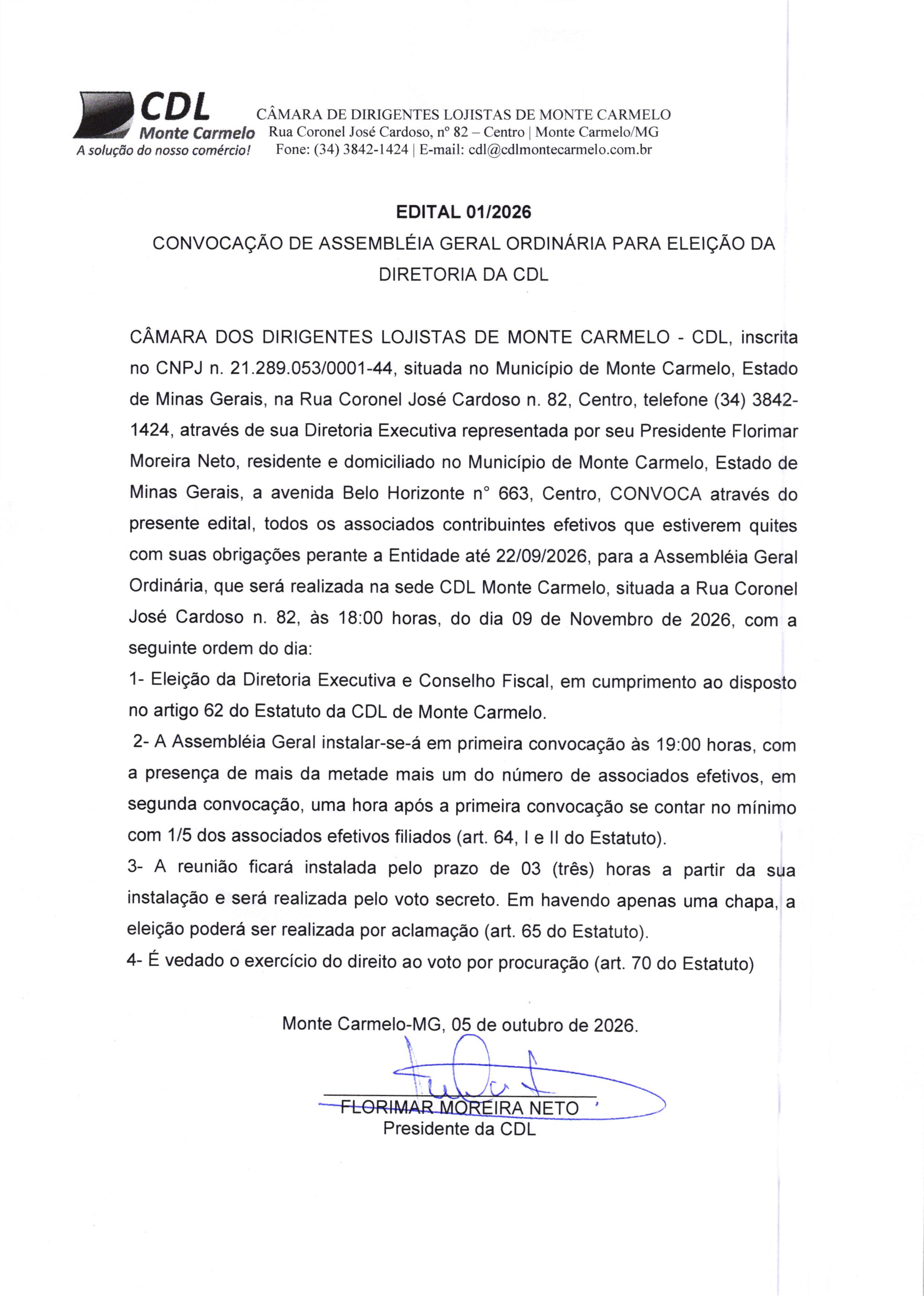 CONVOCAÇÃO DE ASSEMBLEIA GERAL ORDINÁRIA PARA ELEIÇÃO DA DIRETORIA DA CDL